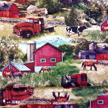 Load image into Gallery viewer, Farm Barns & Trucks Red Cotton Fabric by the Bolt