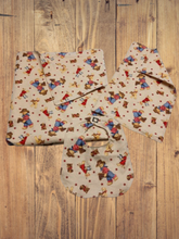 Load image into Gallery viewer, Handmade Blanket, Burp Rag/ Security Blanket, and Bib Western Teddy Bear Set