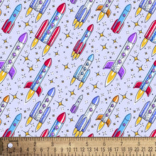 Load image into Gallery viewer, Handmade Blanket, Burp Rag/ Security Blanket, and Bib Up and Away Rockets