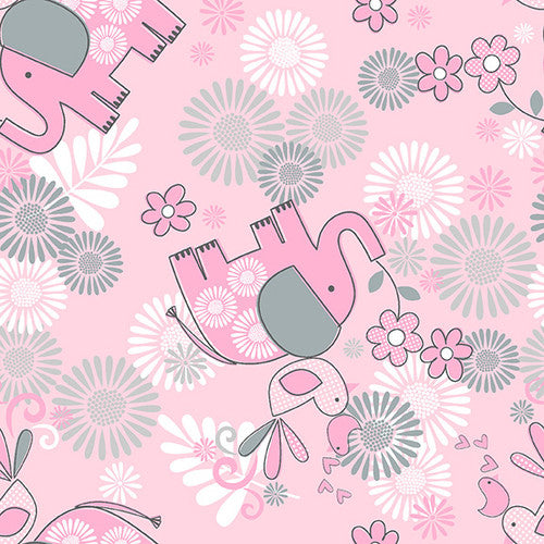 Elephants Flowers Pink Flannel Fabric