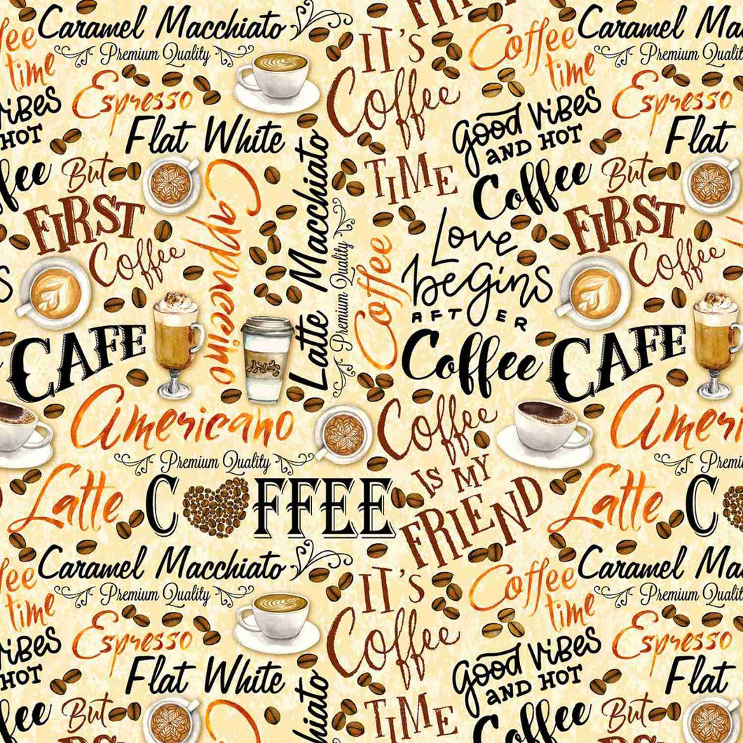 For The Love Of Coffee Fresh Brewed Words Cotton Fabric