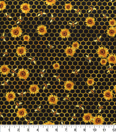 Honeycomb Florals Black Cotton Fabric