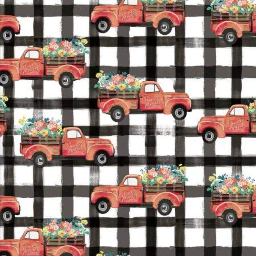 Flower Junction Trucks On Gingham Cotton Fabric