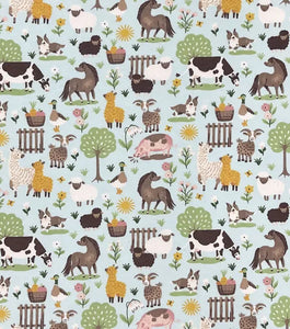 Farm Animals Blue Flannel Fabric