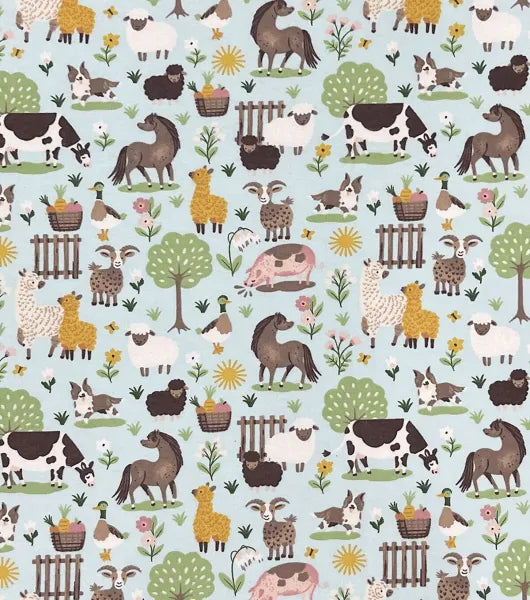 Farm Animals Blue Flannel Fabric