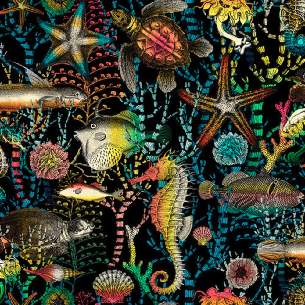 Ocean Menagerie Black Cotton Fabric