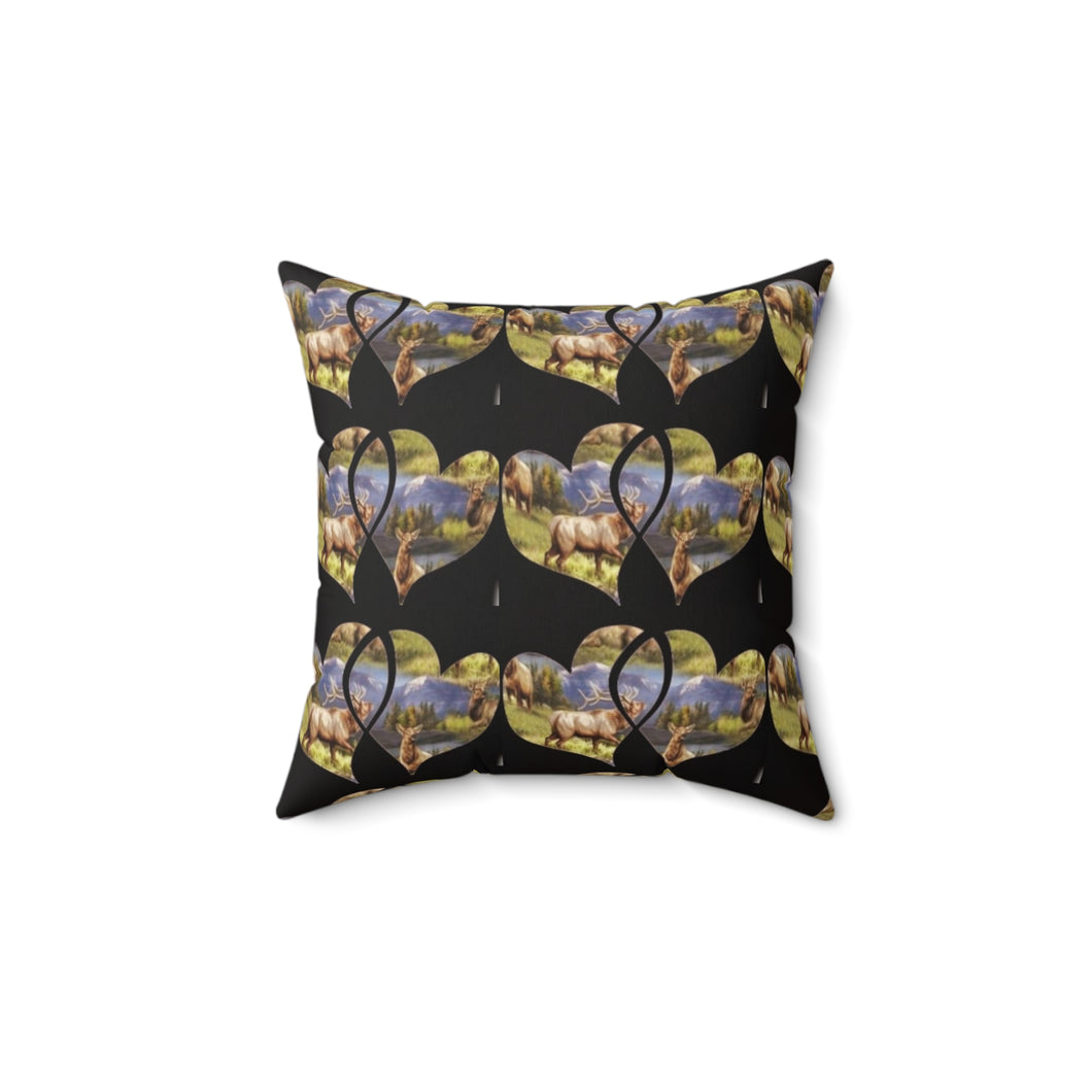 Elk-Inspired Square Pillow with Scenic Heart Design