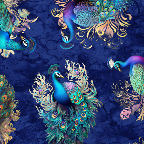 Resplendent Tossed Peacock Royal Cotton Fabric