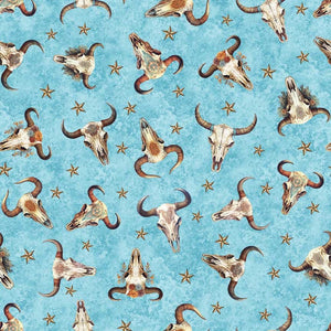 Running Wild Cow Skulls Turquoise Cotton Fabric