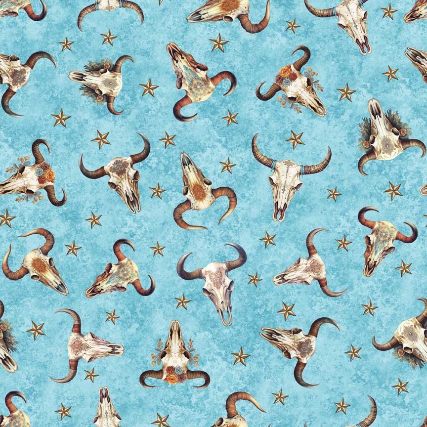 Running Wild Cow Skulls Turquoise Cotton Fabric