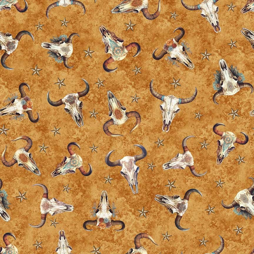 Running Wild Cow Skulls Amber Cotton Fabric