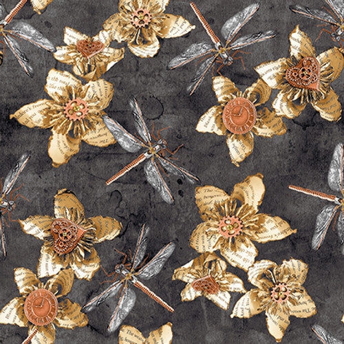 Full Steam Ahead Digital Flowers with Dragonflies Cotton Fabric