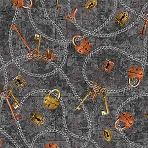 Full Steam Ahead Digital Chain, Keys, Locks Cotton Fabric