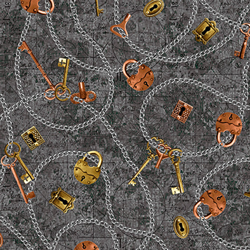 Full Steam Ahead Digital Chain, Keys, Locks Cotton Fabric
