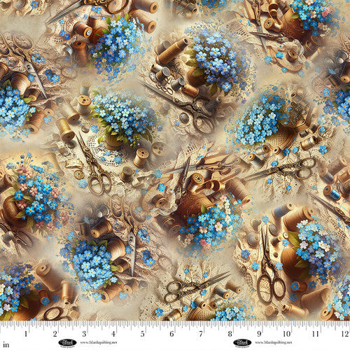 Forget Me Not Digital Flowers on Doilies Cotton Fabric