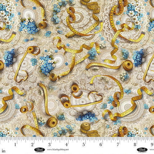 Forget Me Not Digital Doilies and Tape Measures Cotton Fabric