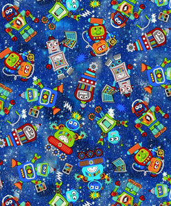Fun Flannel Space Robots Blue Flannel Fabric