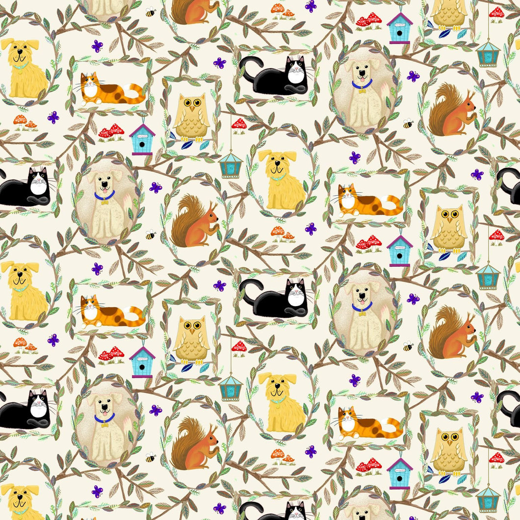 Tree House Tan Patchwork Cats Dogs Cotton Fabric