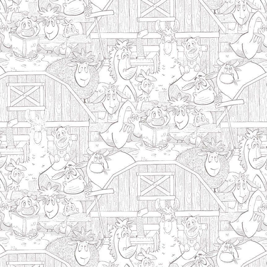 Farmland Tails White Outline Cotton Fabric