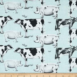 Farmhouse Kitchen Cows and Pigs Mint Cotton Fabric