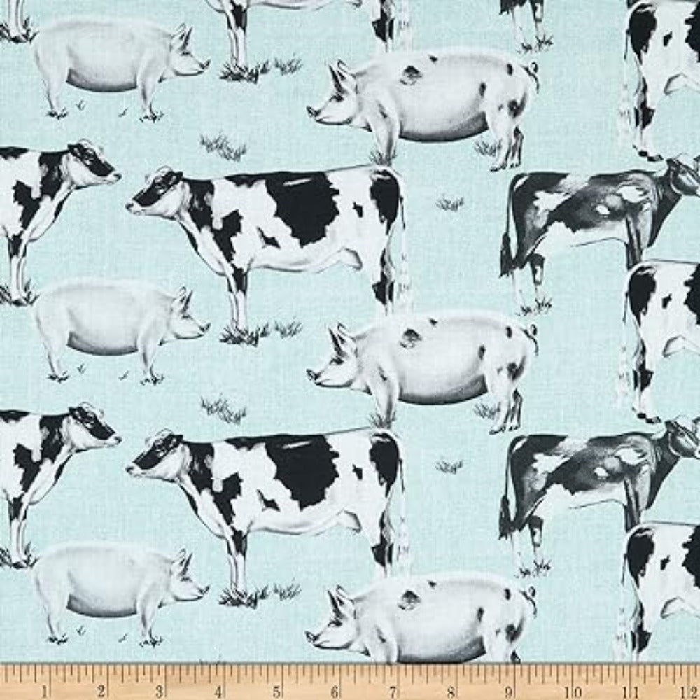 Farmhouse Kitchen Cows and Pigs Mint Cotton Fabric
