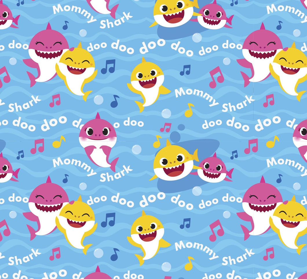 Mommy & Baby Shark Blue Cotton Fabric