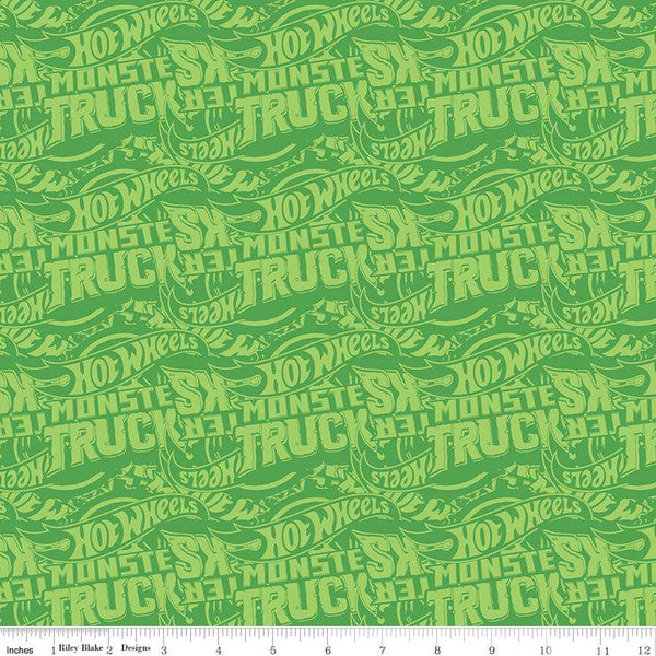 Hot Wheels Monster Trucks Tonal Green Cotton Fabric - 1 Yard Precut