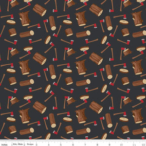Woodsman Wood Axe Black Cotton Fabric