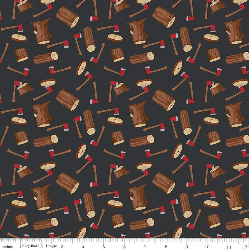 Woodsman Wood Axe Black Cotton Fabric