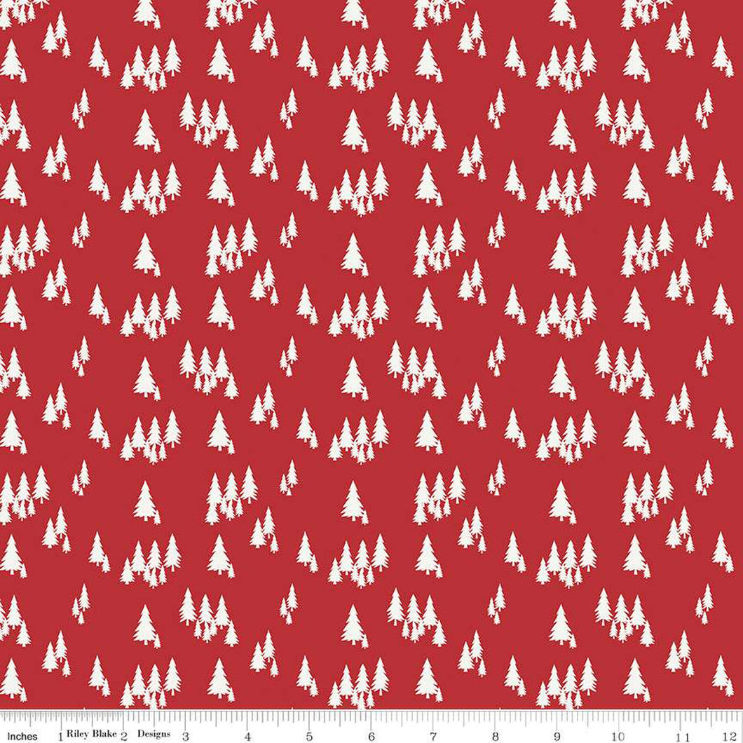 Woodsman Trees Red Cotton Fabric