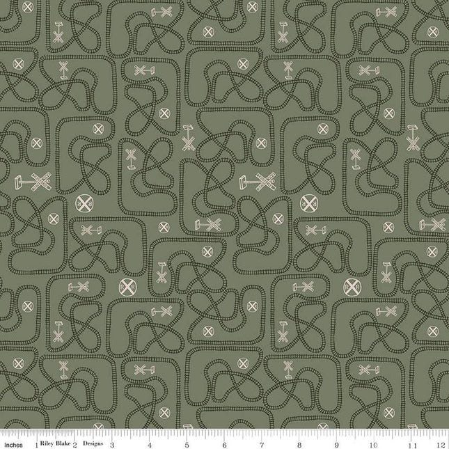 'Round the Mountain Table Tracks Pine Cotton Fabric