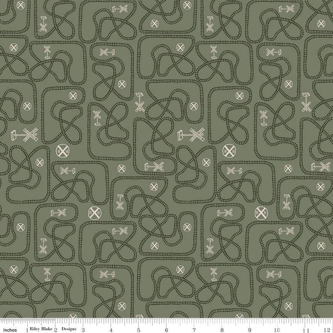 'Round the Mountain Table Tracks Pine Cotton Fabric