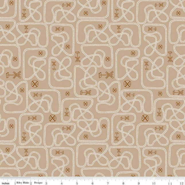 'Round the Mountain Table Tracks Tan Cotton Fabric