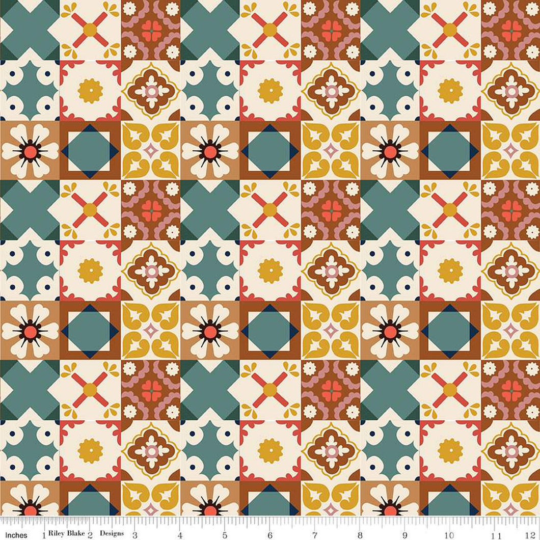Wild Rose Tiles Multi Cotton Fabric