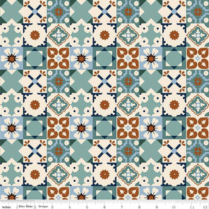 Wild Rose Tiles Teal Cotton Fabric