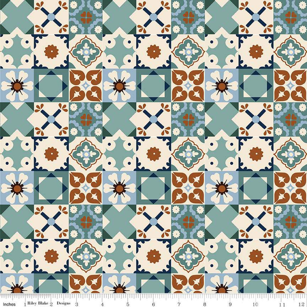 Wild Rose Tiles Teal Cotton Fabric