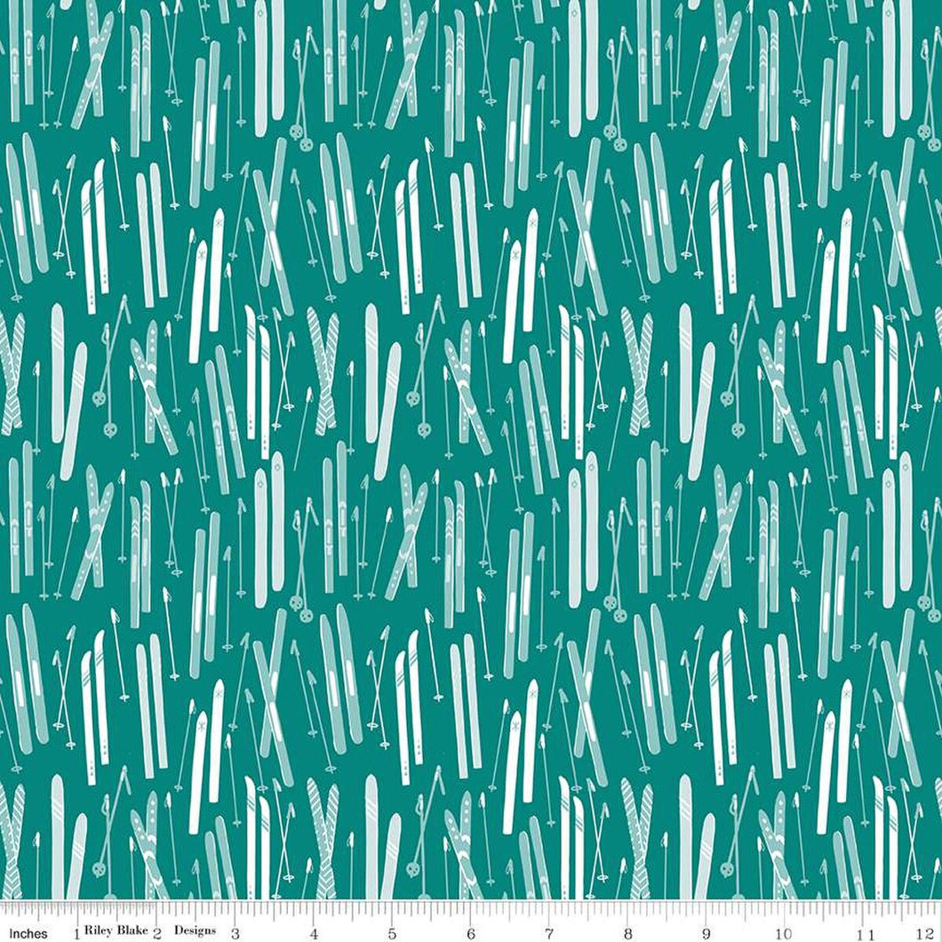 Ski Hill Skis Teal Cotton Fabric