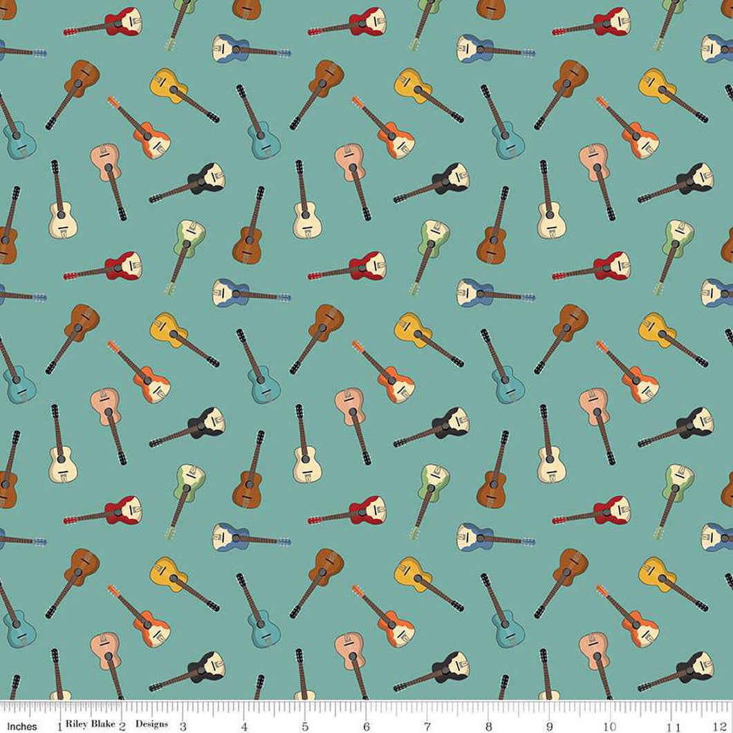 Handmade Valance or Curtain Panel Cowboys Guitars Teal