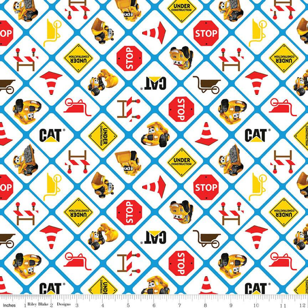 CAT® Buildin' Crew Signs White Cotton Fabric