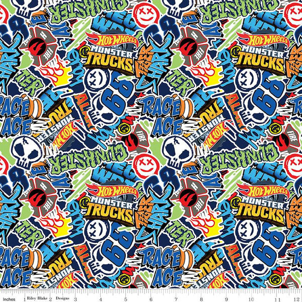 Hot Wheels Monster Trucks Logos Multi Cotton Fabric - 1 Yard Precut
