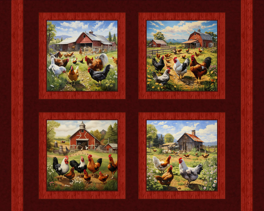 Farm Chickens Pillow Panel Cotton Fabric