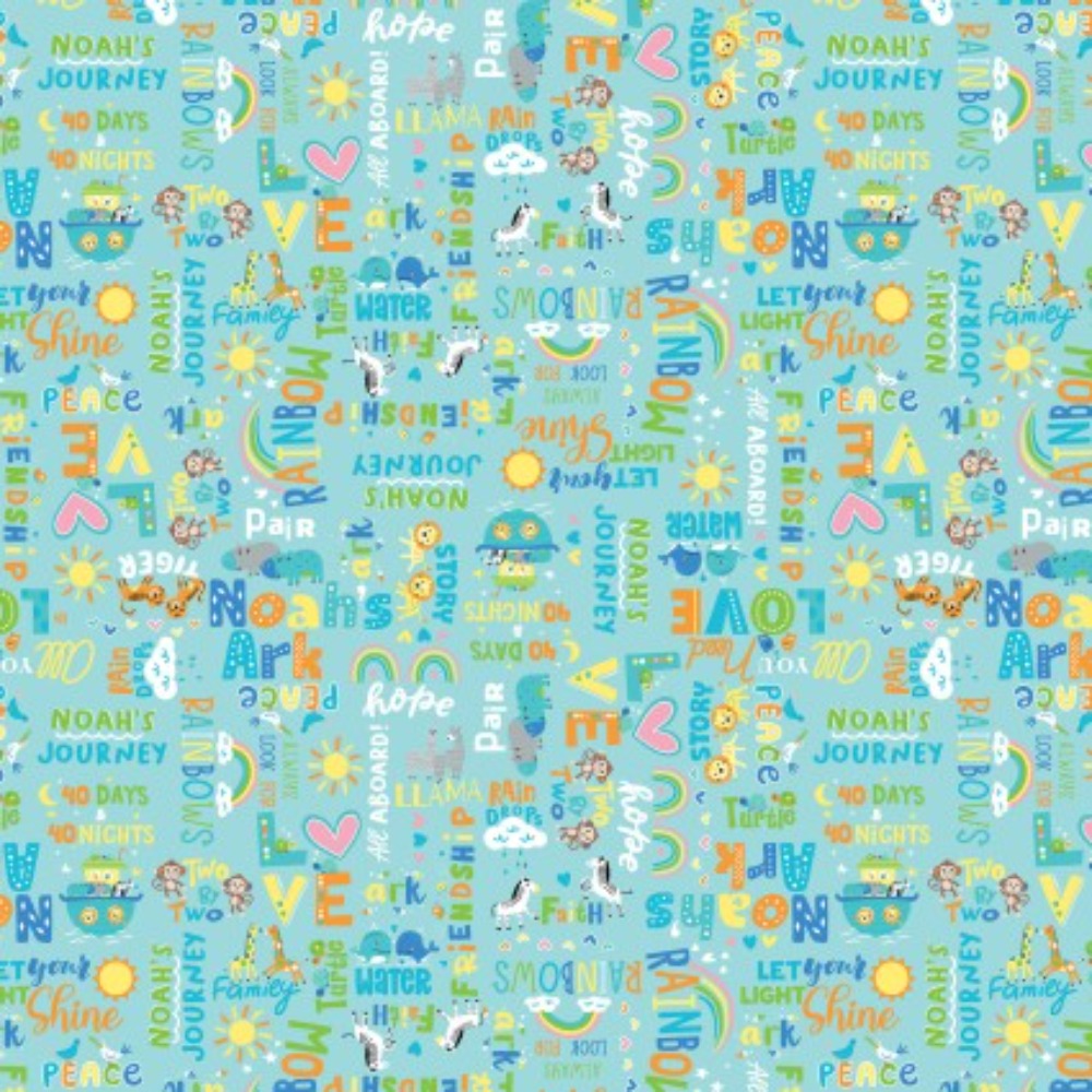 Noah's Journey Two by Two Words Aqua Cotton Fabric