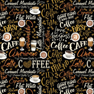 For The Love Of Coffee Fresh Brewed Words Cotton Fabric