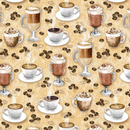 For The Love Of Coffee It's Coffee Time Cotton Fabric