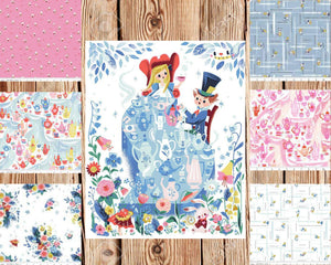 Down the Rabbit Hole Panel Fabric and 6 print Bundle, FAT Quarter, 1/2 Yard, or 1 Yard