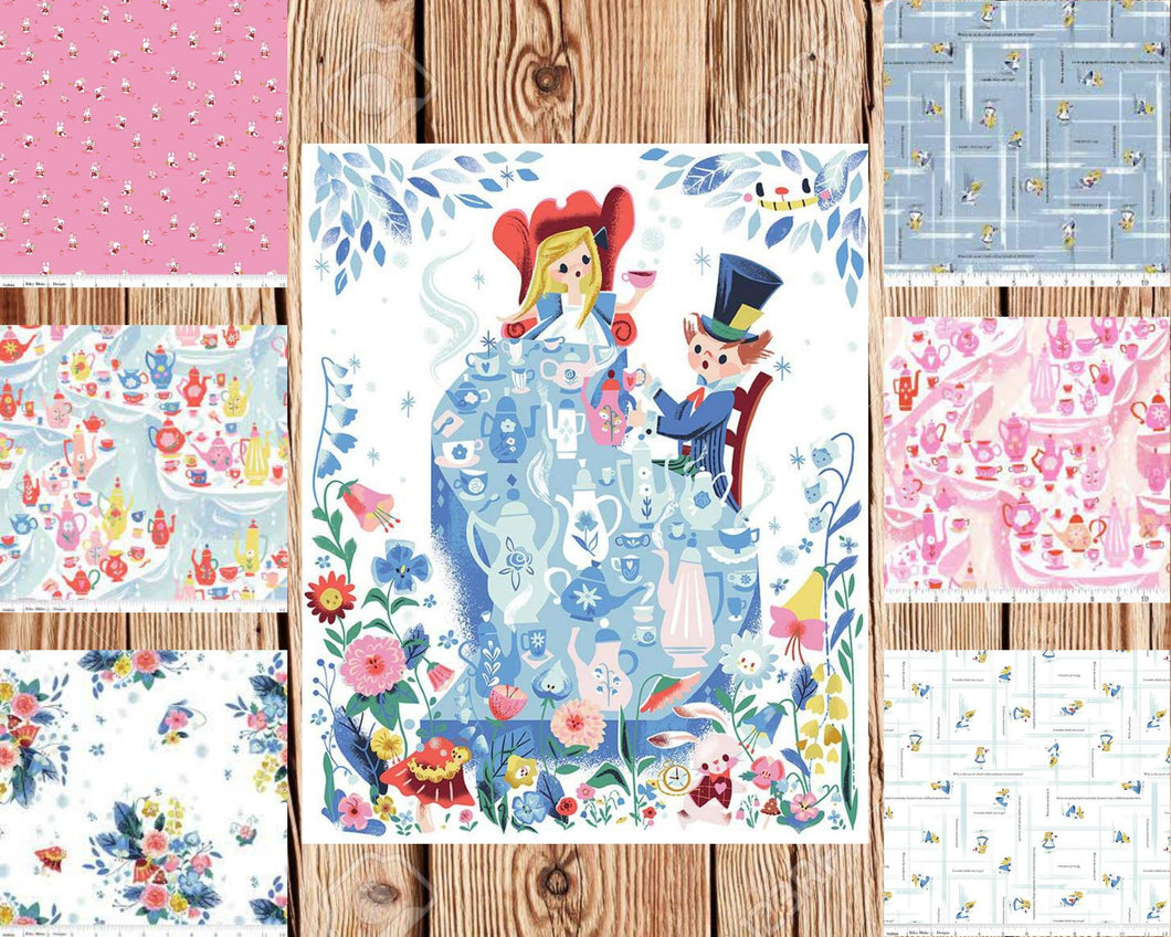 Down the Rabbit Hole Panel Fabric and 6 print Bundle, FAT Quarter, 1/2 Yard, or 1 Yard