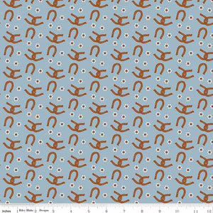 Wild Rose Horseshoes Blue Cotton Fabric