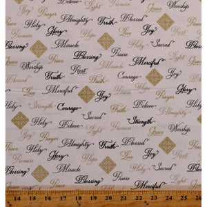 Christian Inspirational Words Gray Glitter Cotton Fabric