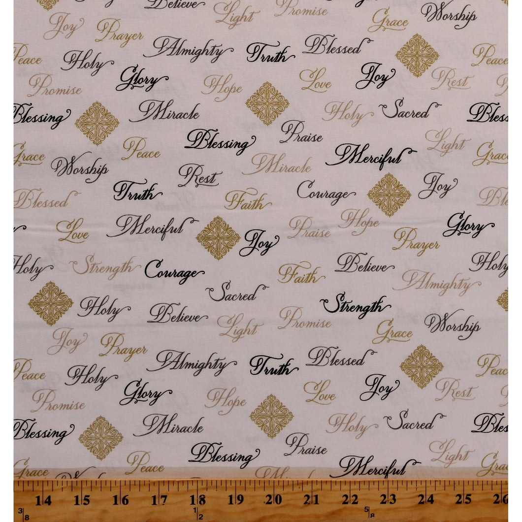 Christian Inspirational Words Gray Glitter Cotton Fabric