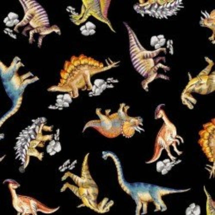 Dinosaur Dinomighty Black Cotton Fabric